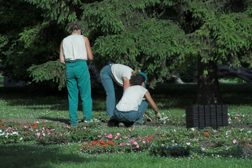 In this outdoor garden scene, two individuals are engaged in planting or tending to a flower bed situated in a landscaped backyard of a residential property. The garden features a well-maintained lawn with lush green grass, bordered by a variety of colorful flowers and small plants arranged along the edges of the flower bed. Tall, mature trees with dense foliage provide shade and form a natural backdrop behind the garden area. One person is crouching close to the ground, working on the flower bed, while the other is kneeling nearby, all focused on their gardening tasks. The scene appears to be in natural daylight under slightly overcast or shaded conditions, contributing to a soft, diffused light across the garden. The overall environment suggests a peaceful, private outdoor space that could be maintained by professional gardening services such as lawn care, planting, and landscaping, supporting local garden improvement in Leyton or nearby areas. This scene exemplifies outdoor gardening activities where attention to plant detail and garden layout is evident, and it reflects the typical appearance of a well-kept home garden in the UK.