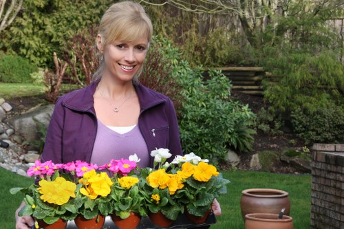 The image shows a woman with blonde hair smiling and holding a tray of potted plants with vibrant yellow, pink, and white flowers, set in a lush garden with green grass, shrubs, and trees in the background. The garden features a well-maintained lawn, a brick wall on the right, and a wooden staircase leading to an elevated area, suggesting a landscaped outdoor space typical of residential gardens in Leyton. The weather appears bright and mild, with natural daylight illuminating the scene, emphasizing the healthy, colorful plants that could benefit from professional gardening and lawn care services offered by Landscapers Leyton. The garden environment is organized with planting beds, decorative pots, and a mix of natural and cultivated elements, reflecting thoughtful outdoor landscaping. Overall, the setting demonstrates a vibrant, well-kept garden ideal for ongoing maintenance or gardening projects to enhance curb appeal and outdoor enjoyment in Leyton.